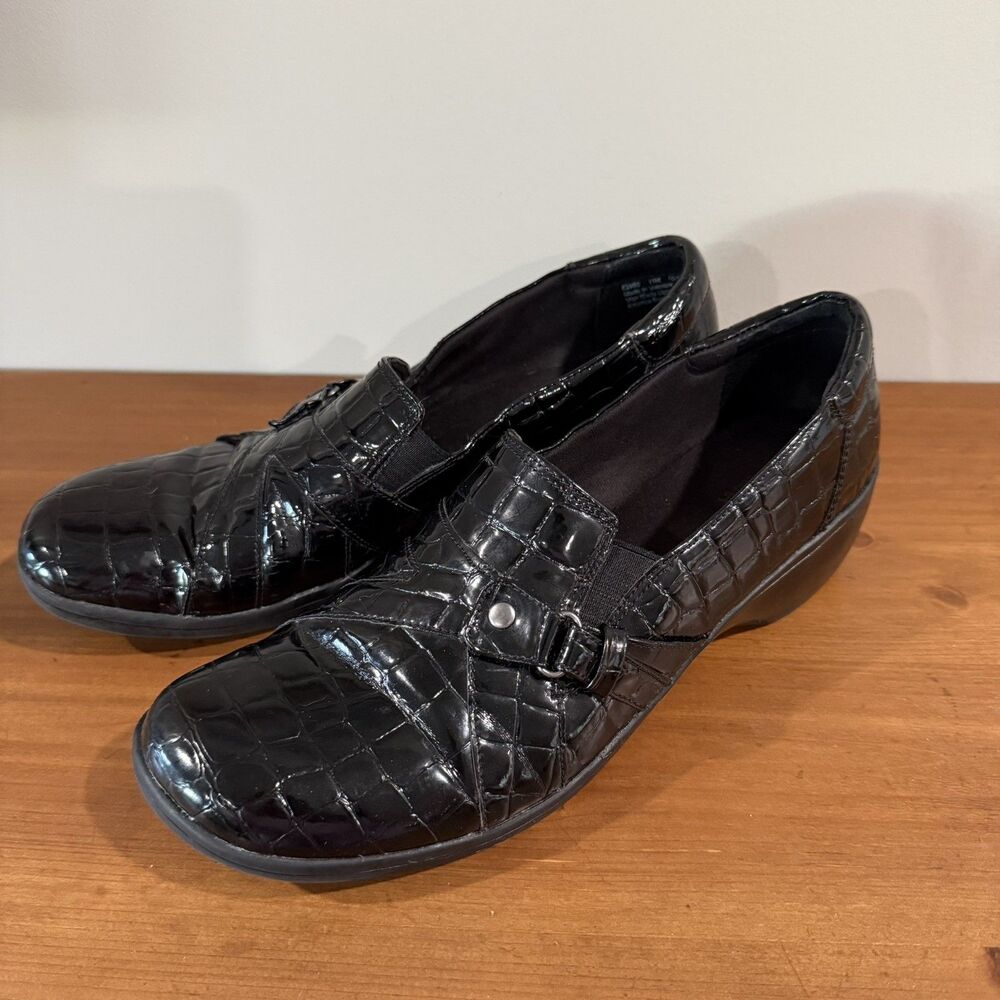 Clarks May Marigold Womens Shoes Size 11 Black Croc Patent Slip On Wedge Loafer